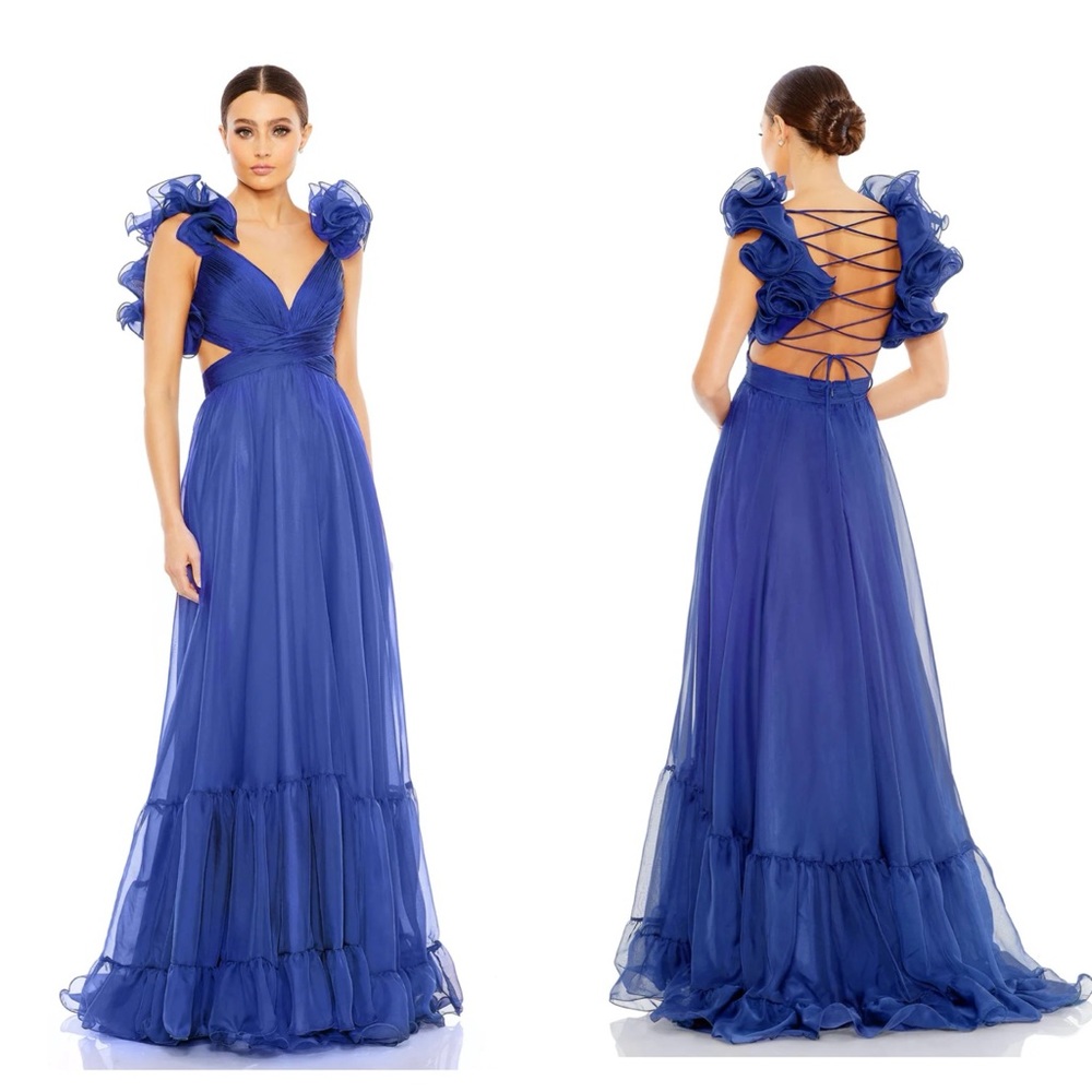 NWT Mac Duggal Ruffle Shoulder Lace Up Gown #67911 New! Size 0 (w flaw)